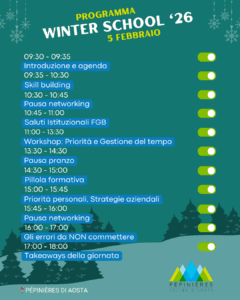Locandina del programma della Winter School '26 per la giornata del 5 febbraio, focalizzata su priorità e gestione del tempo presso le Pépinières di Aosta