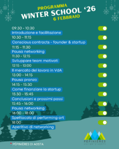Locandina del programma della Winter School '26 per la giornata del 6 febbraio, con focus su contratti, team, finanziamenti e networking finale ad Aosta.